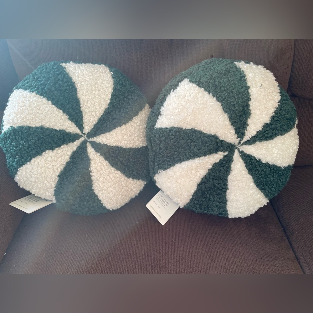 NEW (2) Pottery Barn Cozy Teddy Peppermint Holiday Pillows